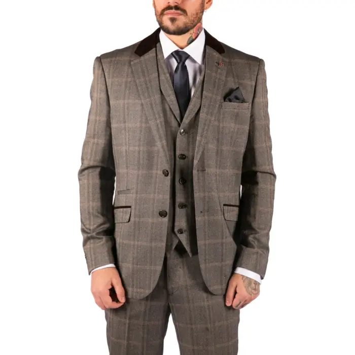 Mens Check Tweed Wool 3 Piece Tan Brown Beige Suit Vintage Retro Tailored Fit - Image 1
