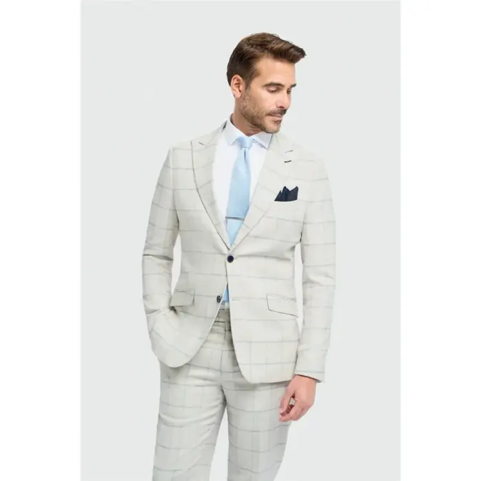 Men's Blazer Grey Tailored Fit Linen Checked Formal Suit Jacket - Image 1