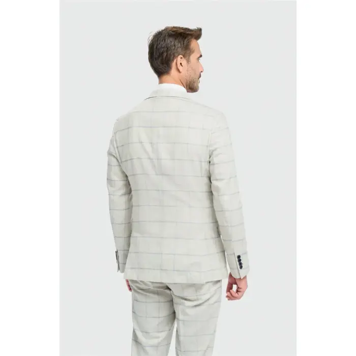 Men's Blazer Grey Tailored Fit Linen Checked Formal Suit Jacket - Image 2