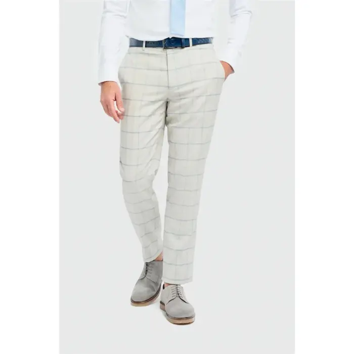 Men's Trousers Grey Checked Linen Suit Pants - Image 1