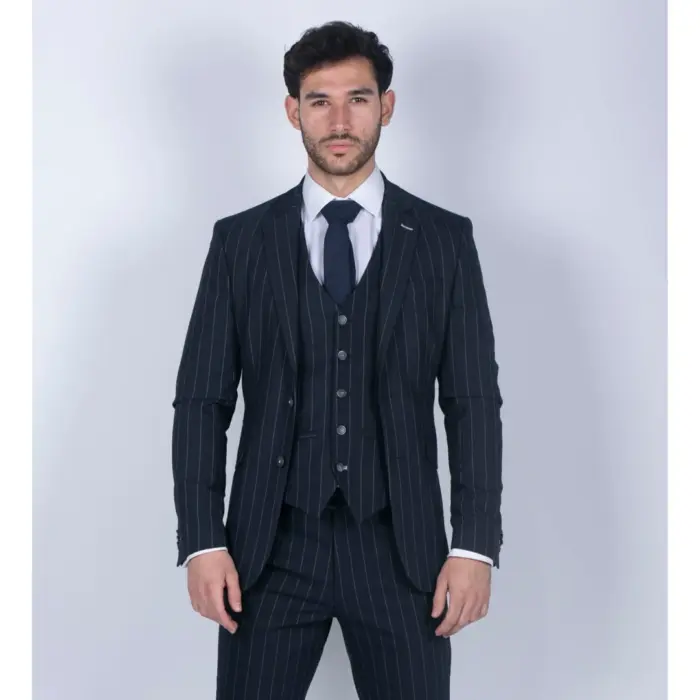 Mens 3 Piece Suit Pin Stripe Navy Classic Vintage Retro 1920s Tailored Fit Wedding - Image 1