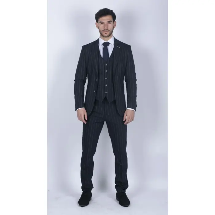 Mens 3 Piece Suit Pin Stripe Navy Classic Vintage Retro 1920s Tailored Fit Wedding - Image 2