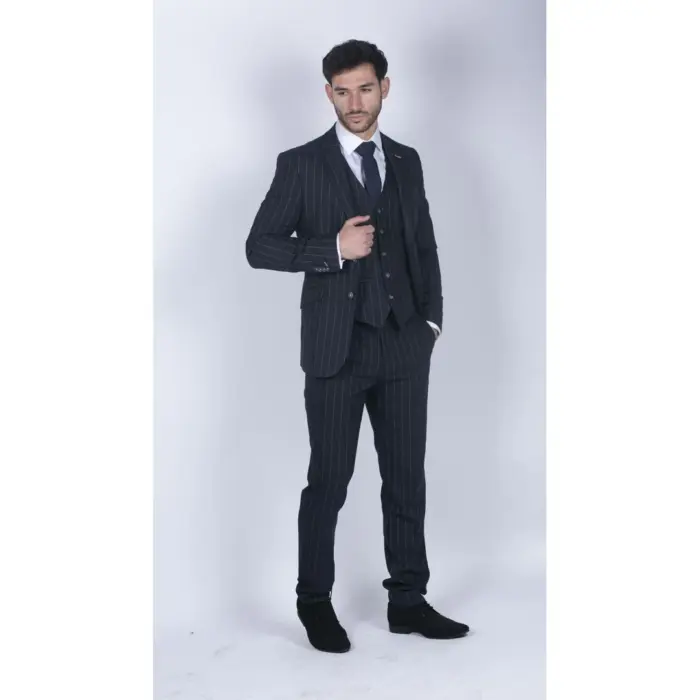 Mens 3 Piece Suit Pin Stripe Navy Classic Vintage Retro 1920s Tailored Fit Wedding - Image 3