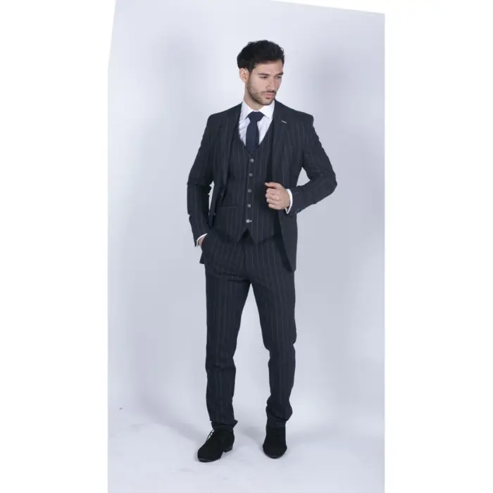 Mens 3 Piece Suit Pin Stripe Navy Classic Vintage Retro 1920s Tailored Fit Wedding - Image 4