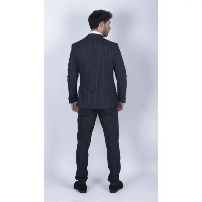 Mens 3 Piece Suit Pin Stripe Navy Classic Vintage Retro 1920s Tailored Fit Wedding - Image 7