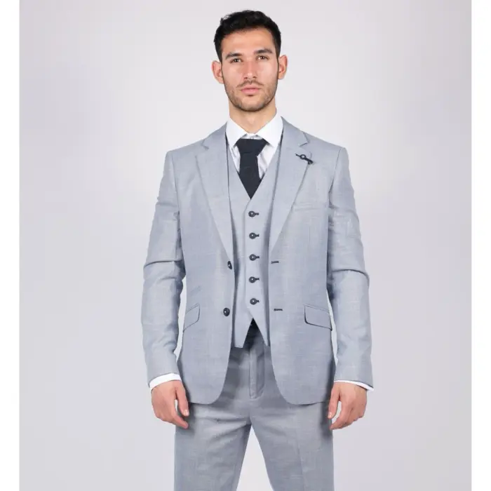 Mens 3 Piece Suit Light Blue Summer Linen Tailored Fit Wedding Prom Classic - Image 1