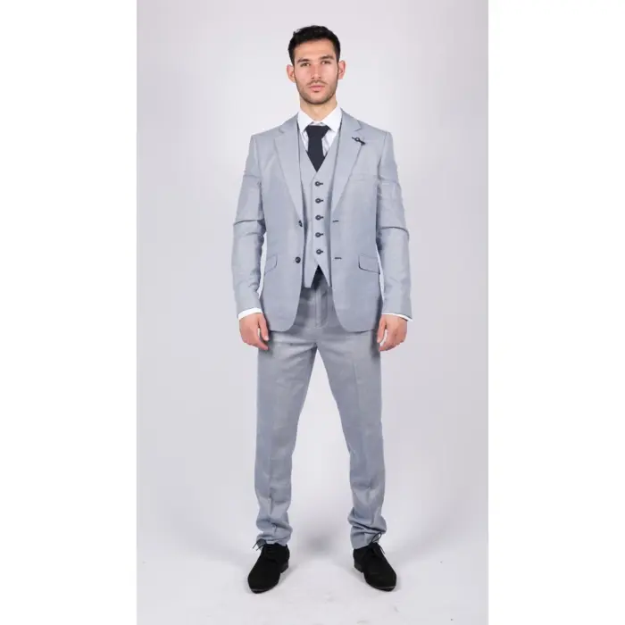 Mens 3 Piece Suit Light Blue Summer Linen Tailored Fit Wedding Prom Classic - Image 2