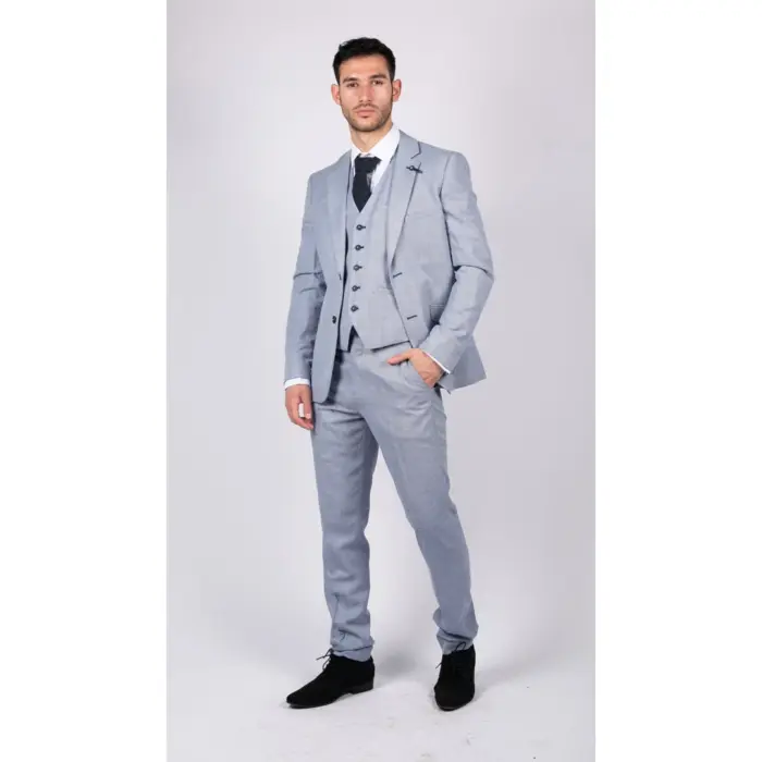 Mens 3 Piece Suit Light Blue Summer Linen Tailored Fit Wedding Prom Classic - Image 3