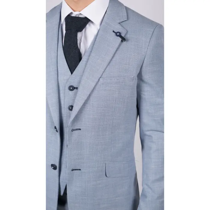 Mens 3 Piece Suit Light Blue Summer Linen Tailored Fit Wedding Prom Classic - Image 4