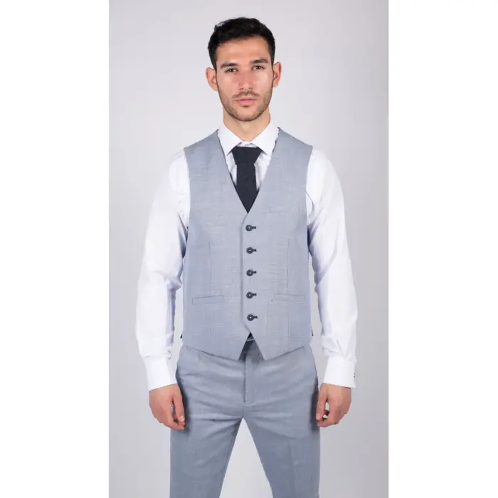 Mens 3 Piece Suit Light Blue Summer Linen Tailored Fit Wedding Prom Classic - Image 5