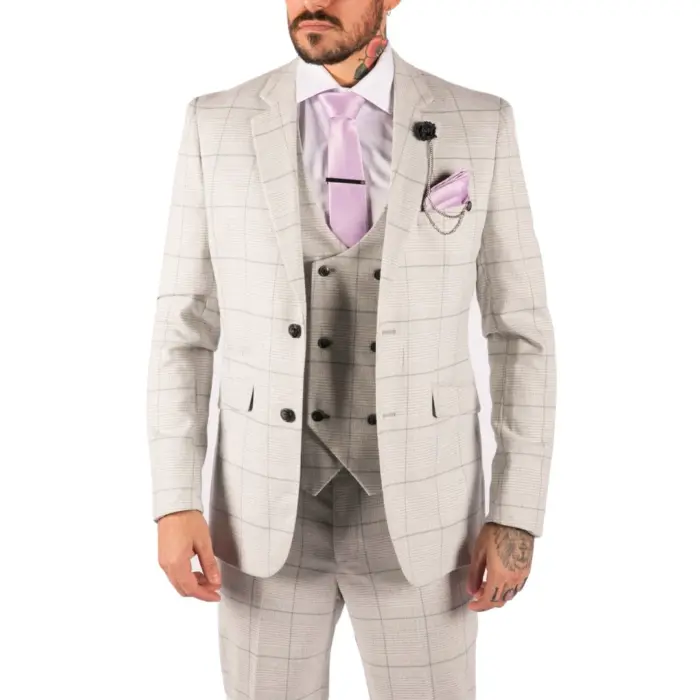 Mens Light Grey Check 3 Piece Suit Double Breasted Waoistcoat Tailored Fit - Image 1