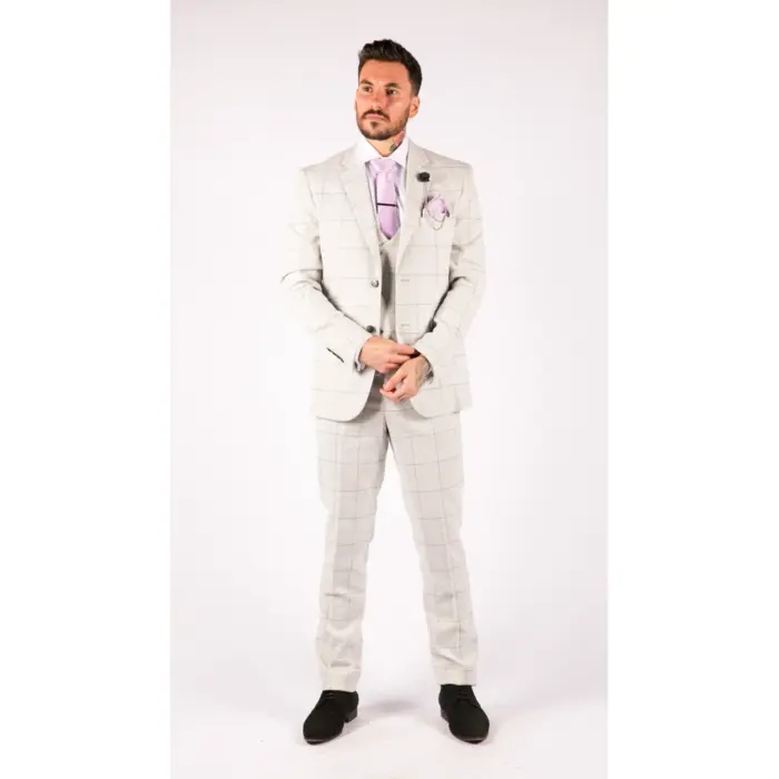 Mens Light Grey Check 3 Piece Suit Double Breasted Waoistcoat Tailored Fit - Image 2