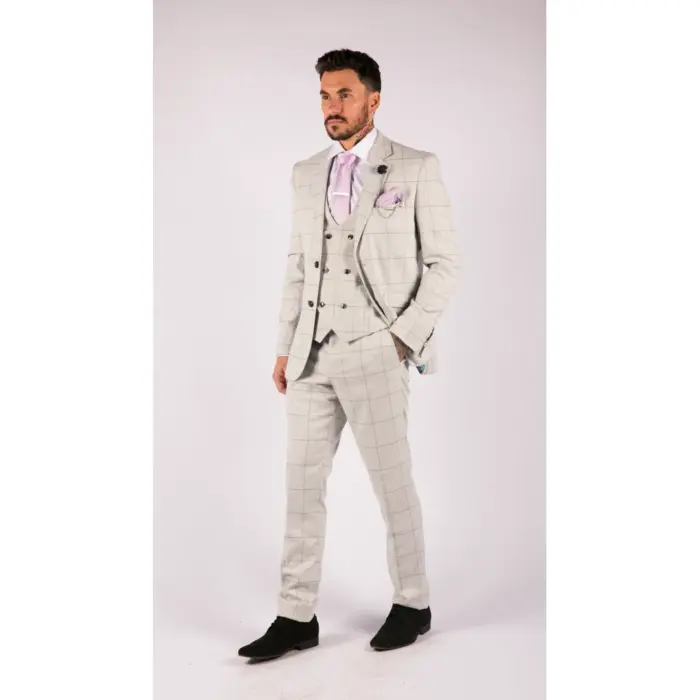 Mens Light Grey Check 3 Piece Suit Double Breasted Waoistcoat Tailored Fit - Image 3
