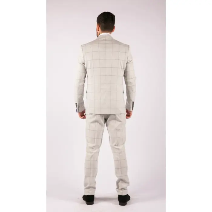 Mens Light Grey Check 3 Piece Suit Double Breasted Waoistcoat Tailored Fit - Image 7