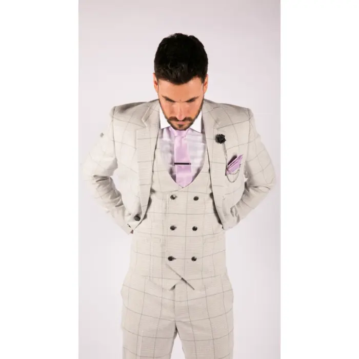 Mens Light Grey Check 3 Piece Suit Double Breasted Waoistcoat Tailored Fit - Image 4