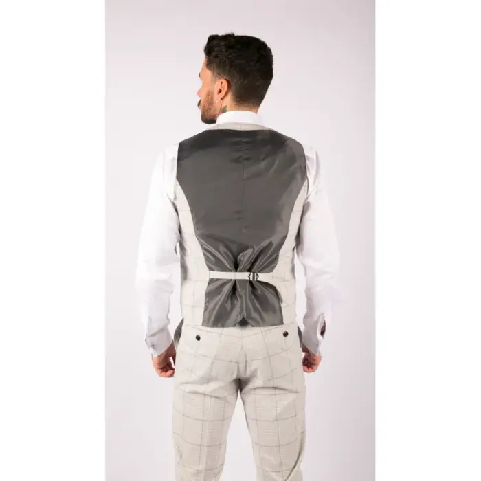 Mens Light Grey Check 3 Piece Suit Double Breasted Waoistcoat Tailored Fit - Image 6