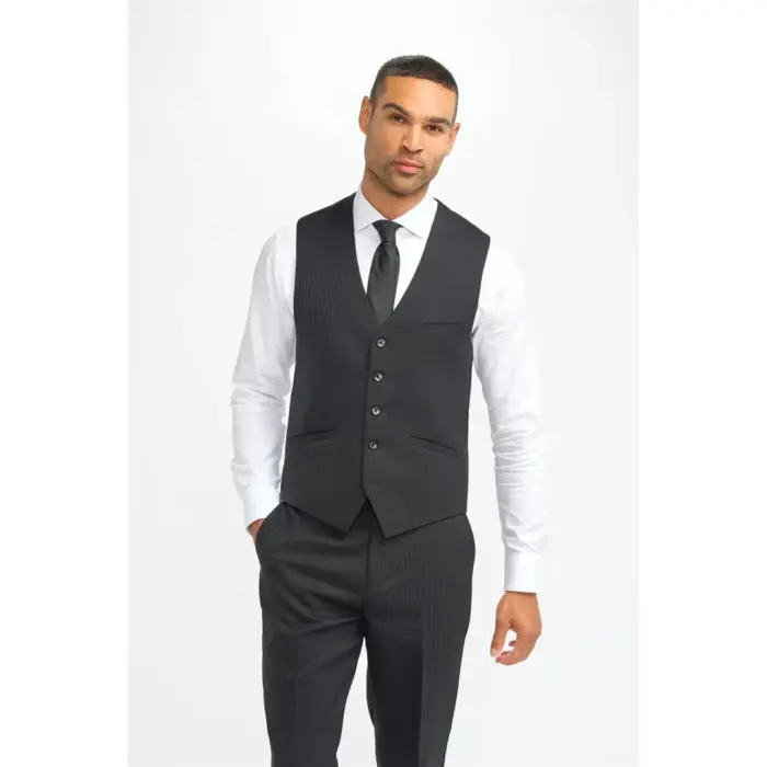 Men's Waistcoat Black Tailored Fit Shadow Stripes Formal Vests - Image 1
