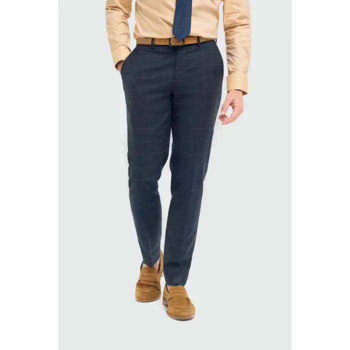 Men's Trousers Navy Check Casual Formal Pants - Image 1