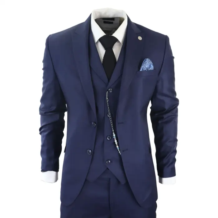 Mens Classic 3 Piece Suit Navy Blue Pocket Chain Wedding Tailored Fit Vintage Formal - Image 1