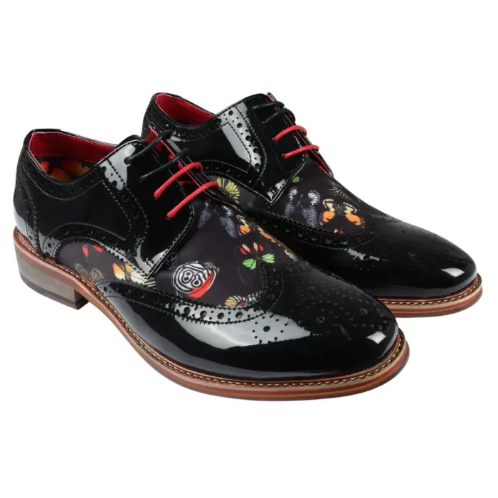 Men's Shoes Butterfly Print Patent Leather Lace Up Brogue Formal Dress Shoe - Image 2