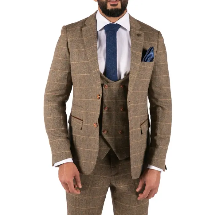 Mens 3 Piece Herringbone Tweed Tan Brown Check Suit Tailored Fit Double Classic - Image 1