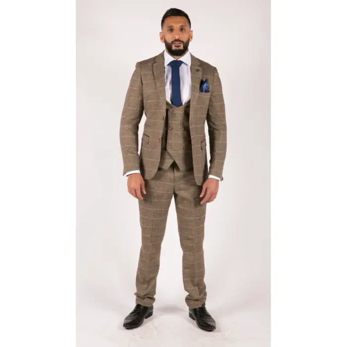 Mens 3 Piece Herringbone Tweed Tan Brown Check Suit Tailored Fit Double Classic - Image 2