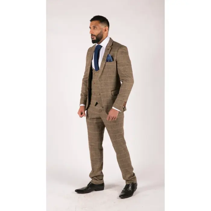 Mens 3 Piece Herringbone Tweed Tan Brown Check Suit Tailored Fit Double Classic - Image 3