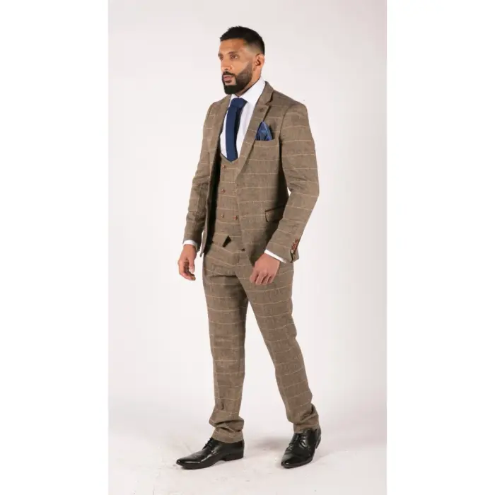 Mens 3 Piece Herringbone Tweed Tan Brown Check Suit Tailored Fit Double Classic - Image 4