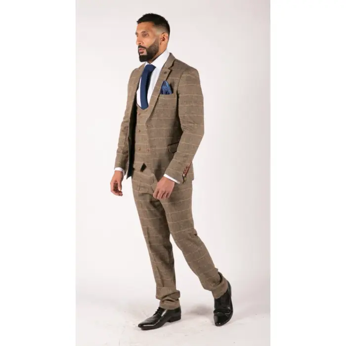 Mens 3 Piece Herringbone Tweed Tan Brown Check Suit Tailored Fit Double Classic - Image 5