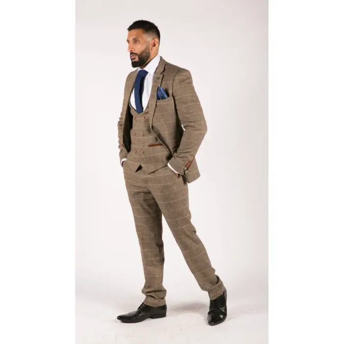 Mens 3 Piece Herringbone Tweed Tan Brown Check Suit Tailored Fit Double Classic - Image 6