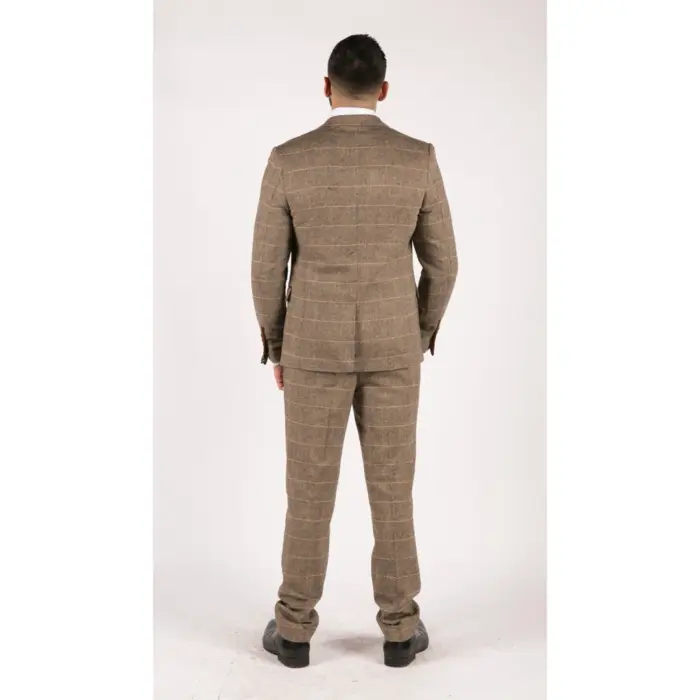 Mens 3 Piece Herringbone Tweed Tan Brown Check Suit Tailored Fit Double Classic - Image 10
