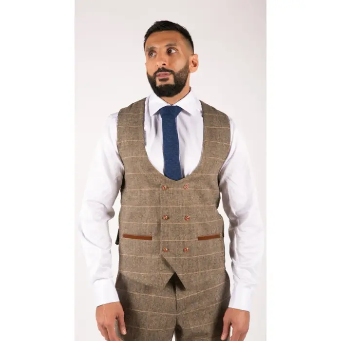 Mens 3 Piece Herringbone Tweed Tan Brown Check Suit Tailored Fit Double Classic - Image 8