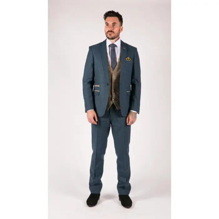 Mens Blue Tan Brown 3 Piece Herringbone Tweed Check Vintage Tailored Fit Suit - Image 2