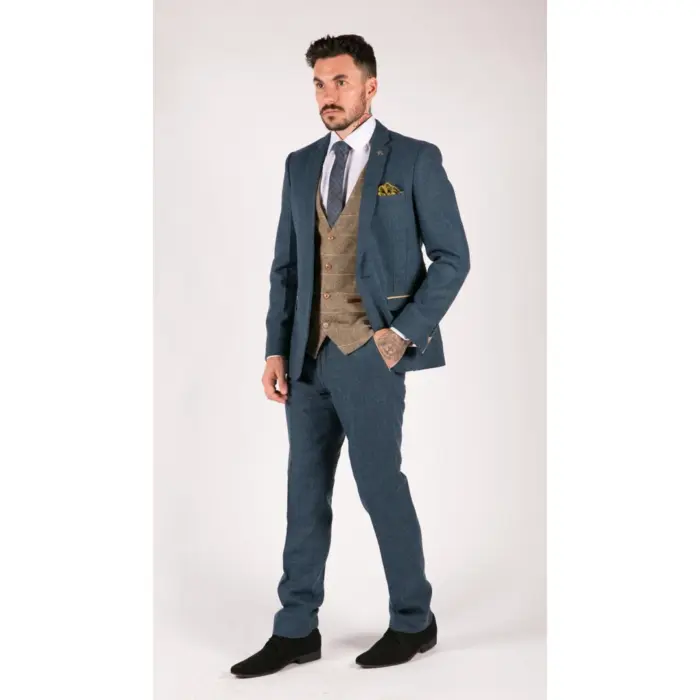 Mens Blue Tan Brown 3 Piece Herringbone Tweed Check Vintage Tailored Fit Suit - Image 3