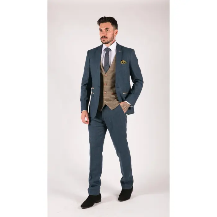 Mens Blue Tan Brown 3 Piece Herringbone Tweed Check Vintage Tailored Fit Suit - Image 4