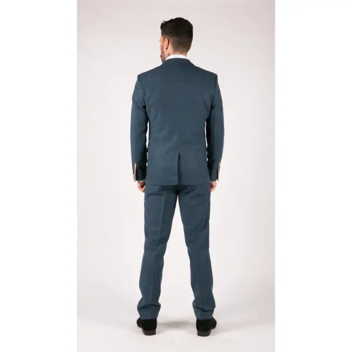 Mens Blue Tan Brown 3 Piece Herringbone Tweed Check Vintage Tailored Fit Suit - Image 5