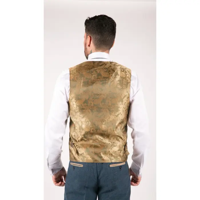 Mens Blue Tan Brown 3 Piece Herringbone Tweed Check Vintage Tailored Fit Suit - Image 8