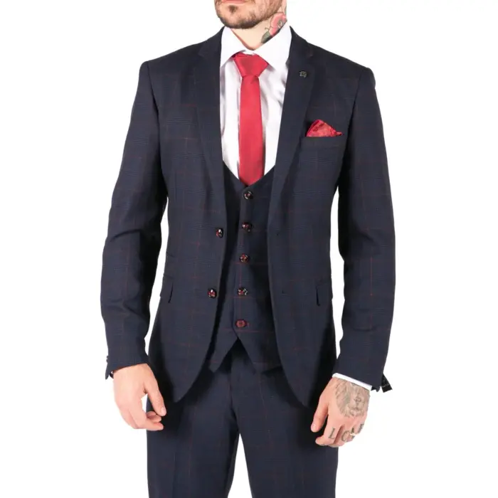 Mens Navy Check 3 Piece Suit Red Edinson Marc Darcy Classic Vintage Wedding - Image 1