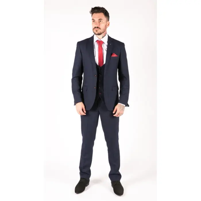 Mens Navy Check 3 Piece Suit Red Edinson Marc Darcy Classic Vintage Wedding - Image 2