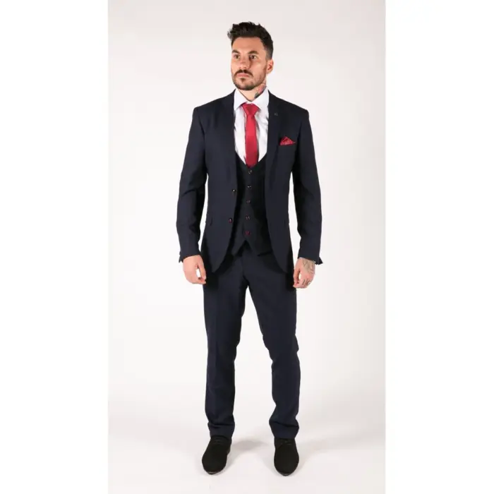 Mens Navy Check 3 Piece Suit Red Edinson Marc Darcy Classic Vintage Wedding - Image 3