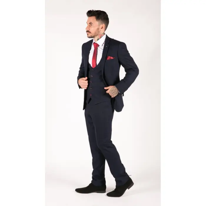 Mens Navy Check 3 Piece Suit Red Edinson Marc Darcy Classic Vintage Wedding - Image 4