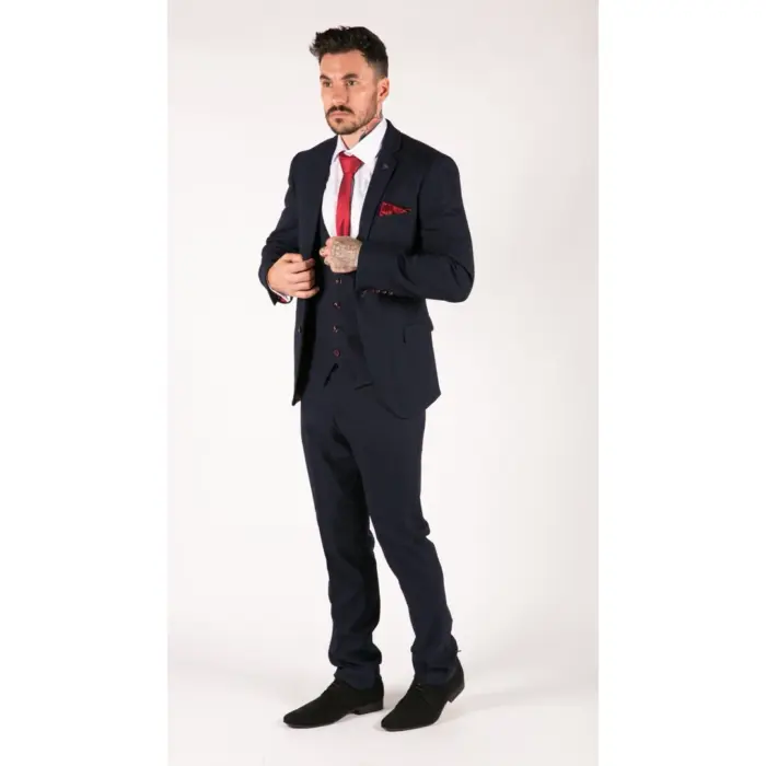 Mens Navy Check 3 Piece Suit Red Edinson Marc Darcy Classic Vintage Wedding - Image 5