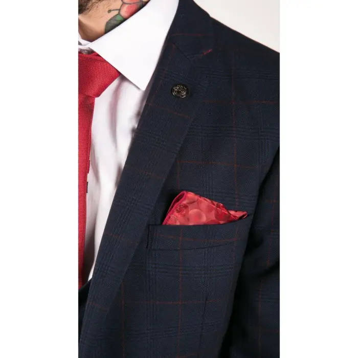Mens Navy Check 3 Piece Suit Red Edinson Marc Darcy Classic Vintage Wedding - Image 6