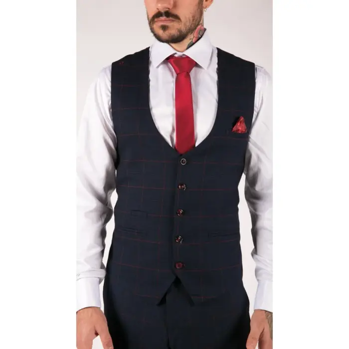 Mens Navy Check 3 Piece Suit Red Edinson Marc Darcy Classic Vintage Wedding - Image 7