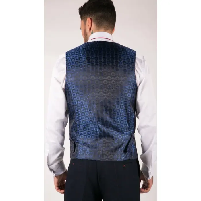 Mens Navy Check 3 Piece Suit Red Edinson Marc Darcy Classic Vintage Wedding - Image 8