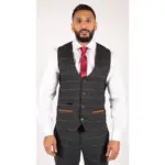 Mens Navy Blue Wine Check Herringbone Tweed Vintage 3 Piece New Marc Darcy Suit - Image 5