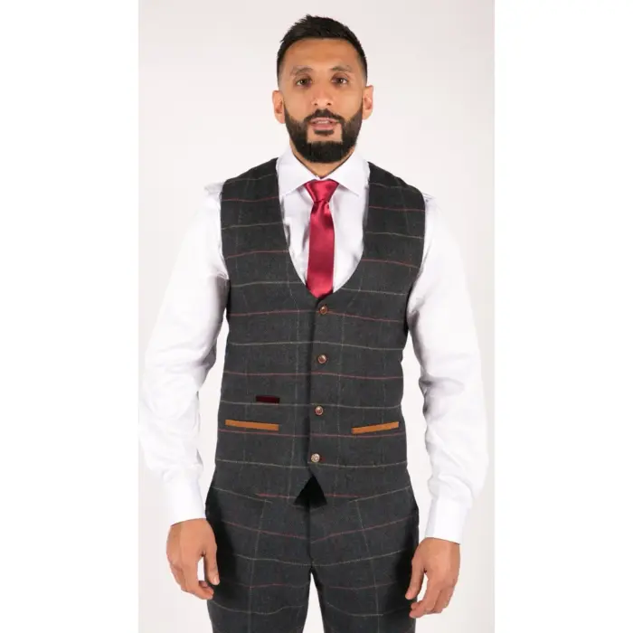 Mens Navy Blue Wine Check Herringbone Tweed Vintage 3 Piece New Marc Darcy Suit - Image 5