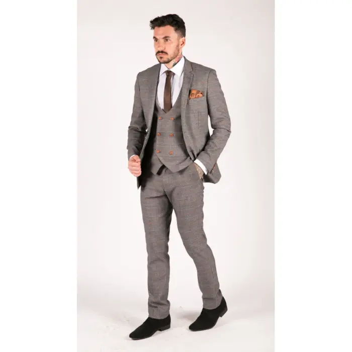 Mens 3 Piece Navy Blue Tan Check Double Breasted Waistcoat Formal Suit Classic - Image 4