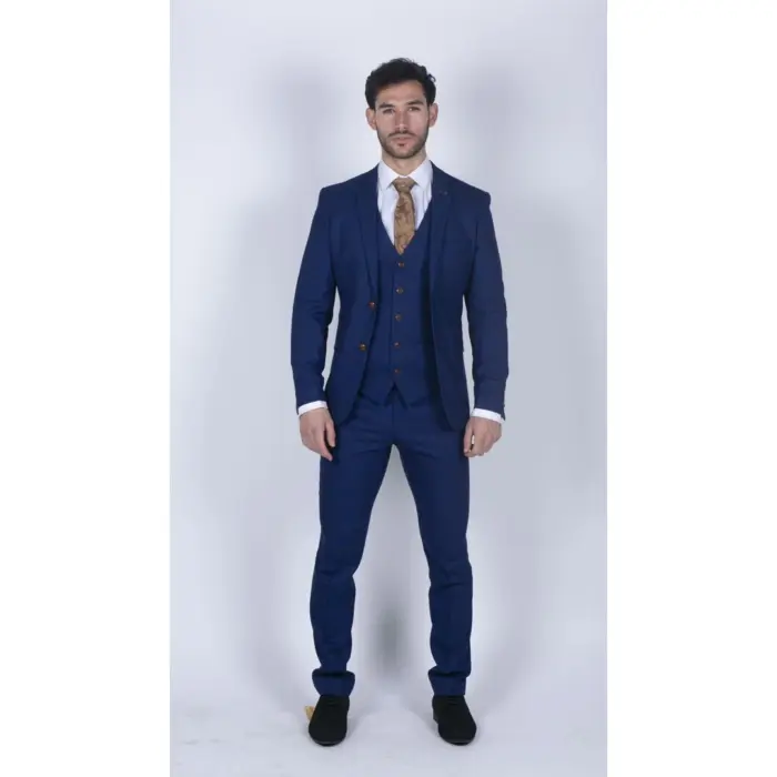 Mens Blue Brown Check 3 Piece Suit Tailored Fit Wedding Prom Races Prince Of Wales - Image 2