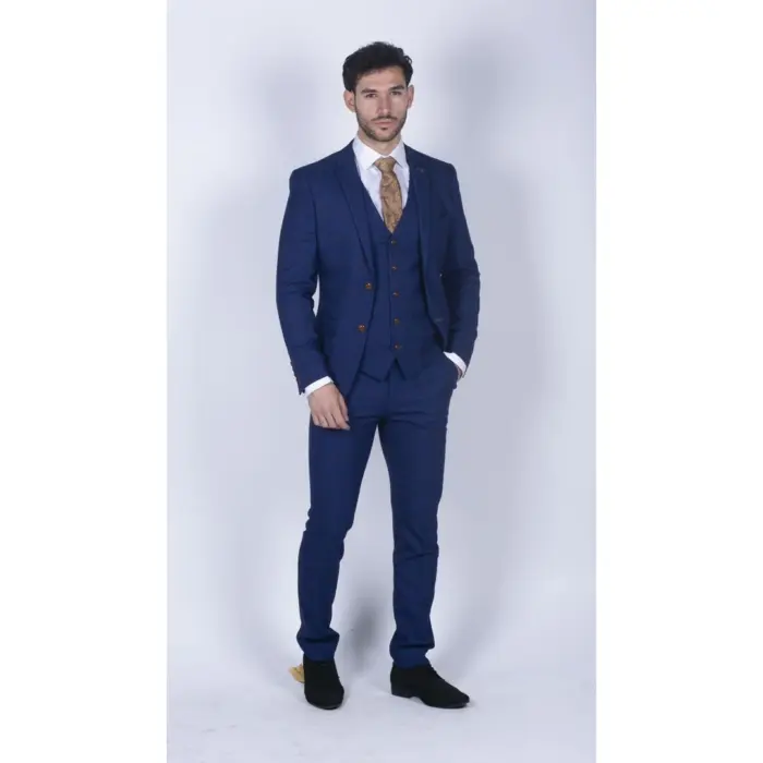 Mens Blue Brown Check 3 Piece Suit Tailored Fit Wedding Prom Races Prince Of Wales - Image 3
